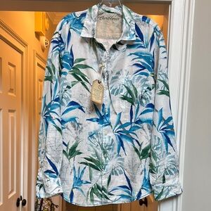 Tropical Leaf Print Button-Up Shirt 100% Linen